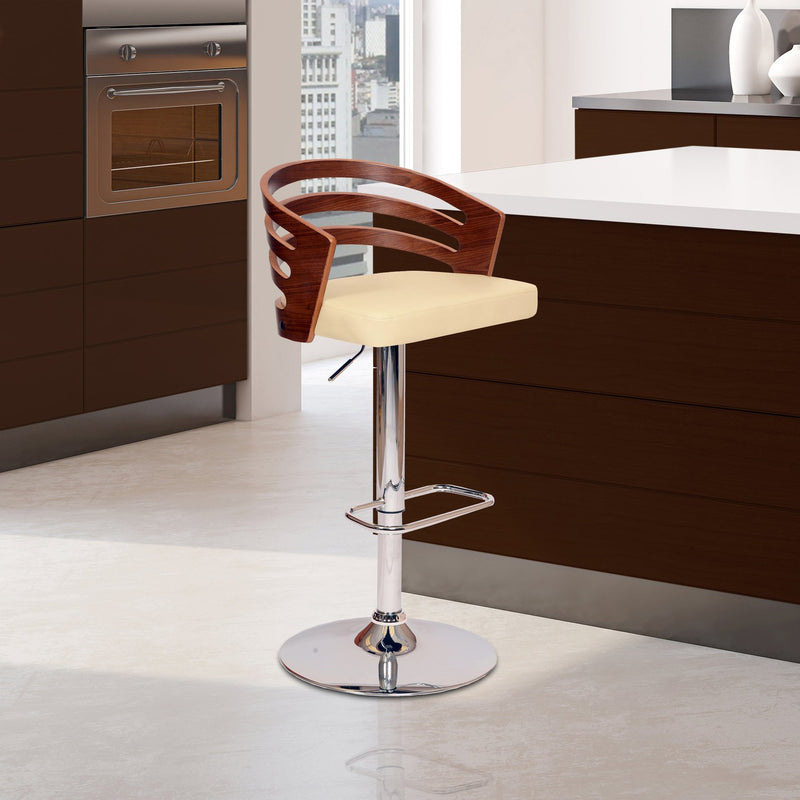 Adele Adjustable Height Swivel Cream Faux Leather and Walnut Wood Bar Stool with Chrome Base - Furniture City (CA)l