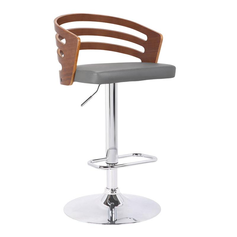 Adele Adjustable Height Swivel Gray Faux Leather and Walnut Wood Bar Stool with Chrome Base - Furniture City (CA)l