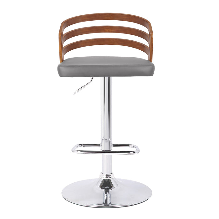 Adele Adjustable Height Swivel Gray Faux Leather and Walnut Wood Bar Stool with Chrome Base