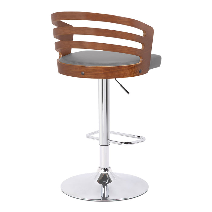Adele Adjustable Height Swivel Gray Faux Leather and Walnut Wood Bar Stool with Chrome Base