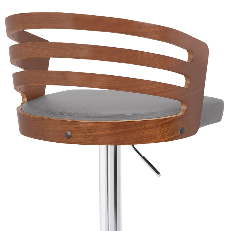 Adele Adjustable Height Swivel Gray Faux Leather and Walnut Wood Bar Stool with Chrome Base - Furniture City (CA)l