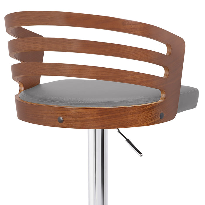 Adele Adjustable Height Swivel Gray Faux Leather and Walnut Wood Bar Stool with Chrome Base