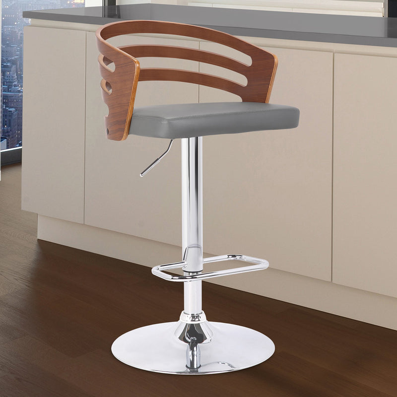 Adele Adjustable Height Swivel Gray Faux Leather and Walnut Wood Bar Stool with Chrome Base - Furniture City (CA)l
