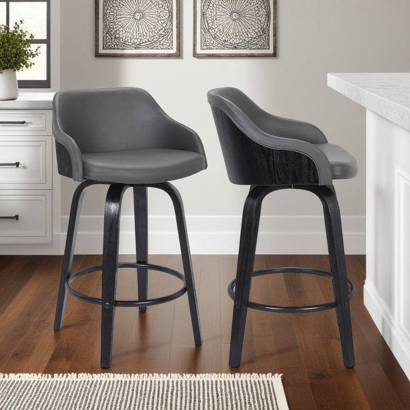 Alec 26" Counter Height Swivel Gray Faux Leather and Black Wood Bar Stool - Furniture City (CA)l