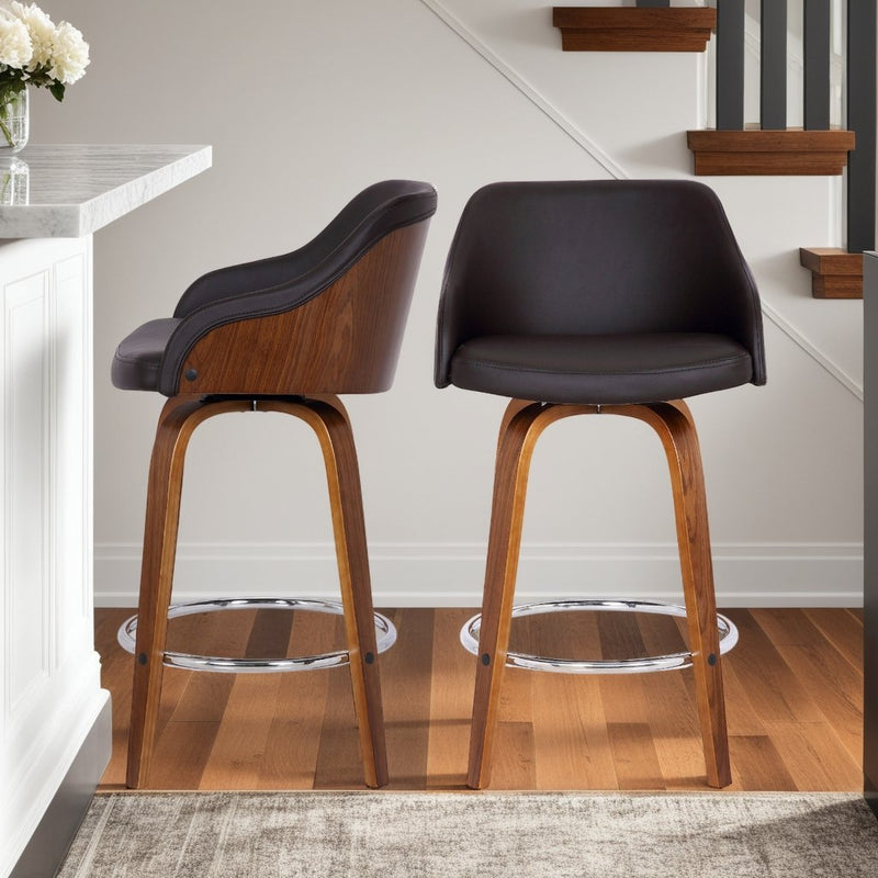 Alec 30" Bar Height Swivel Brown Faux Leather and Walnut Wood Bar Stool - Furniture City (CA)l