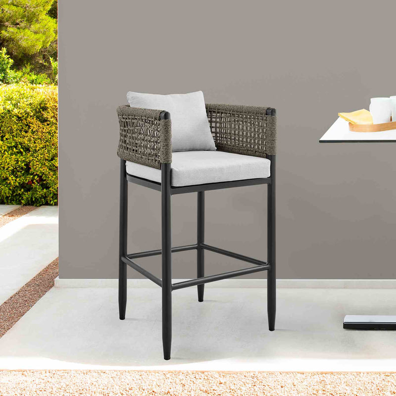 Alegria Outdoor Patio Counter Height Bar Stool in Aluminum with Gray Rope and Cushions - Furniture City (CA)l