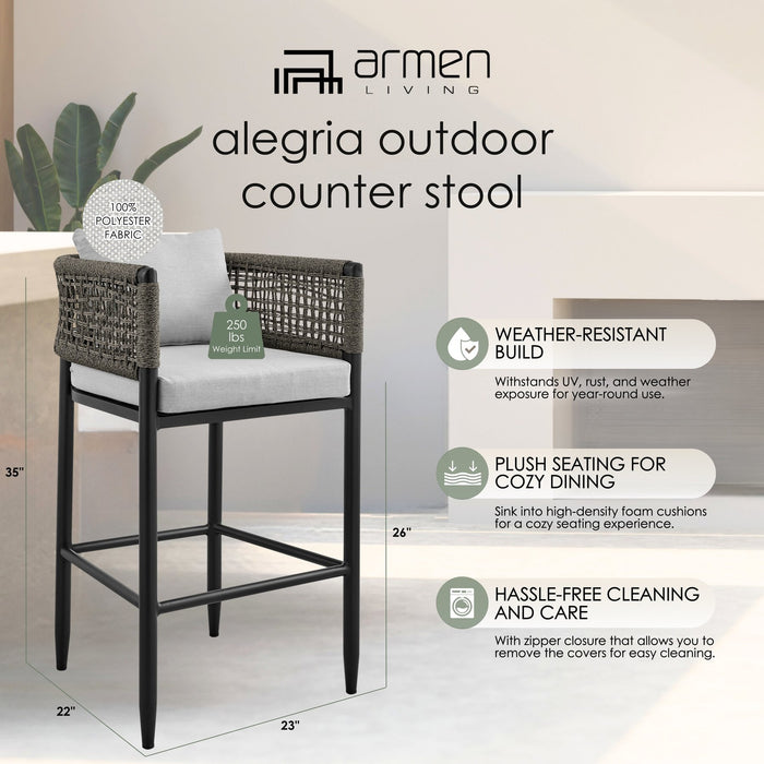 Alegria Outdoor Patio Counter Height Bar Stool in Aluminum with Gray Rope and Cushions