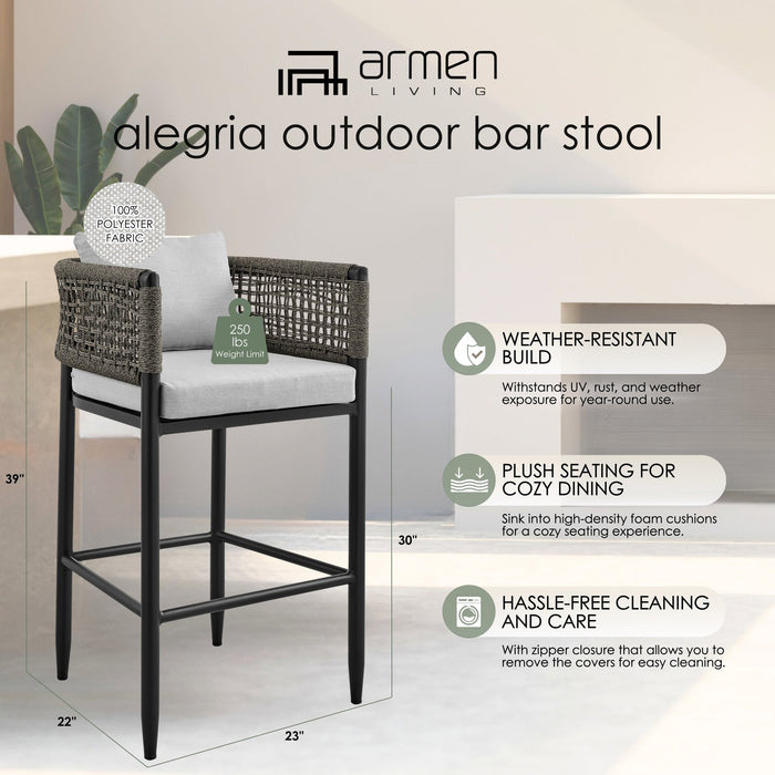 Alegria Outdoor Patio Bar Stool in Aluminum with Gray Rope and Cushions