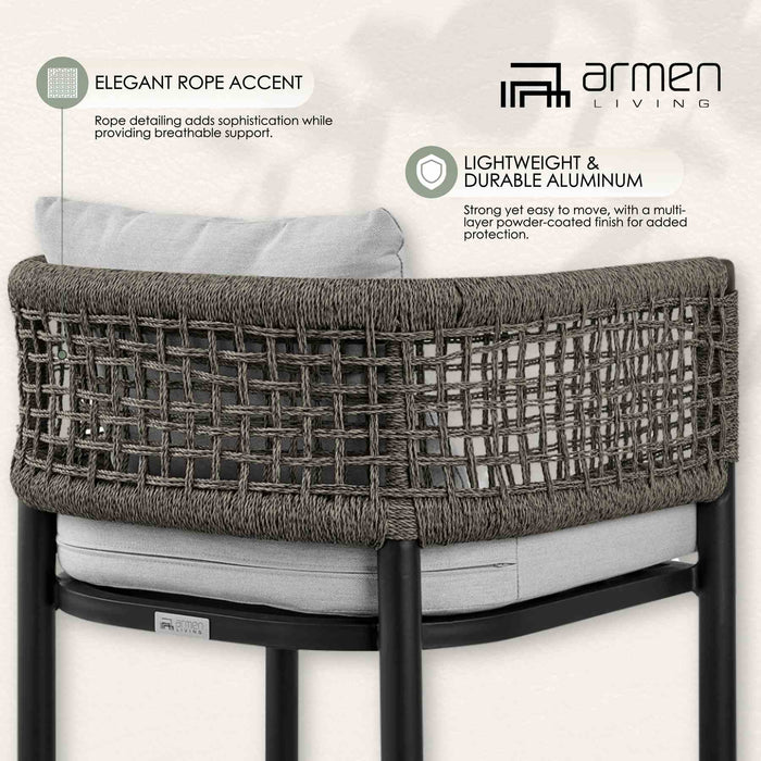 Alegria Outdoor Patio Bar Stool in Aluminum with Gray Rope and Cushions