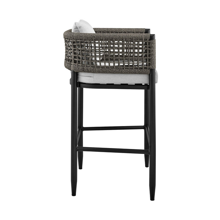 Alegria Outdoor Patio Bar Stool in Aluminum with Gray Rope and Cushions