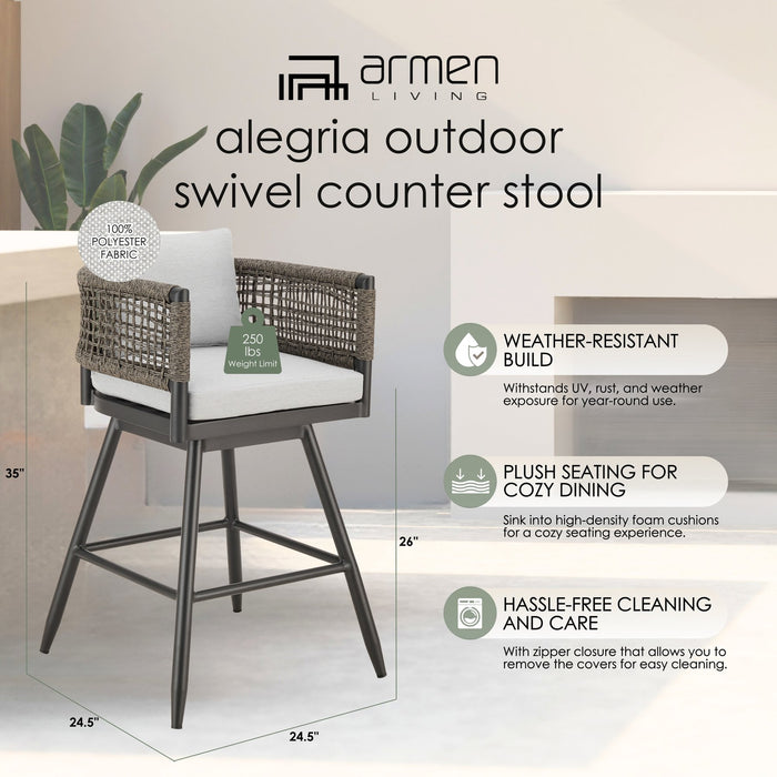 Alegria Outdoor Patio Swivel Counter Stool in Aluminum with Gray Rope and Light Gray Cushions