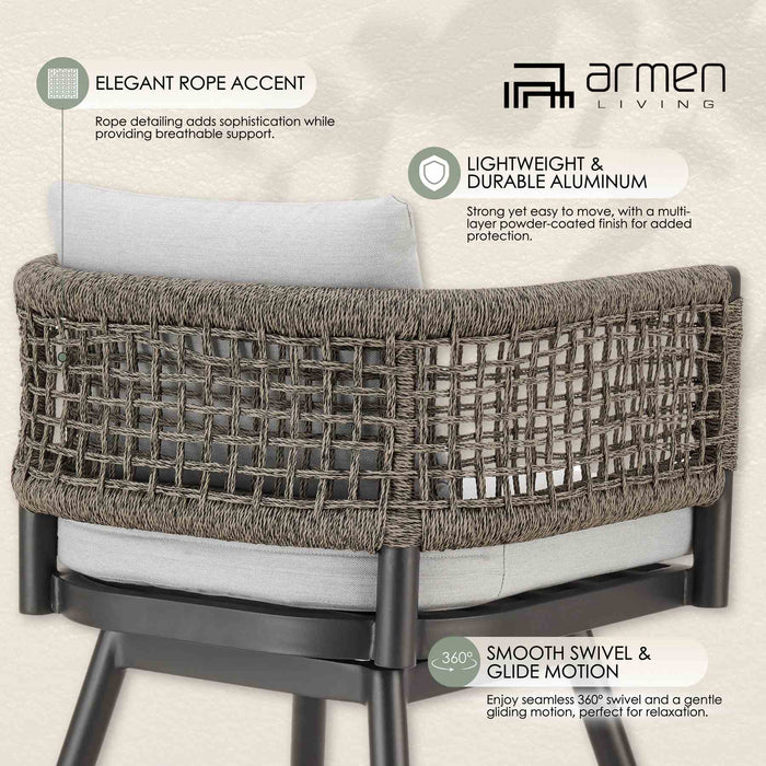 Alegria Outdoor Patio Swivel Counter Stool in Aluminum with Gray Rope and Light Gray Cushions