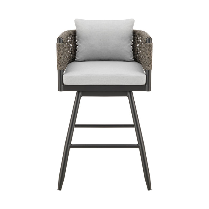 Alegria Outdoor Patio Swivel Counter Stool in Aluminum with Gray Rope and Light Gray Cushions