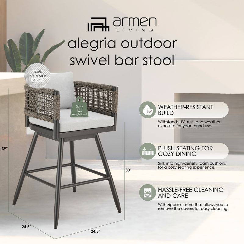 Alegria Outdoor Patio Swivel Bar Stool in Aluminum with Gray Rope and Light Gray Cushions - Furniture City (CA)l