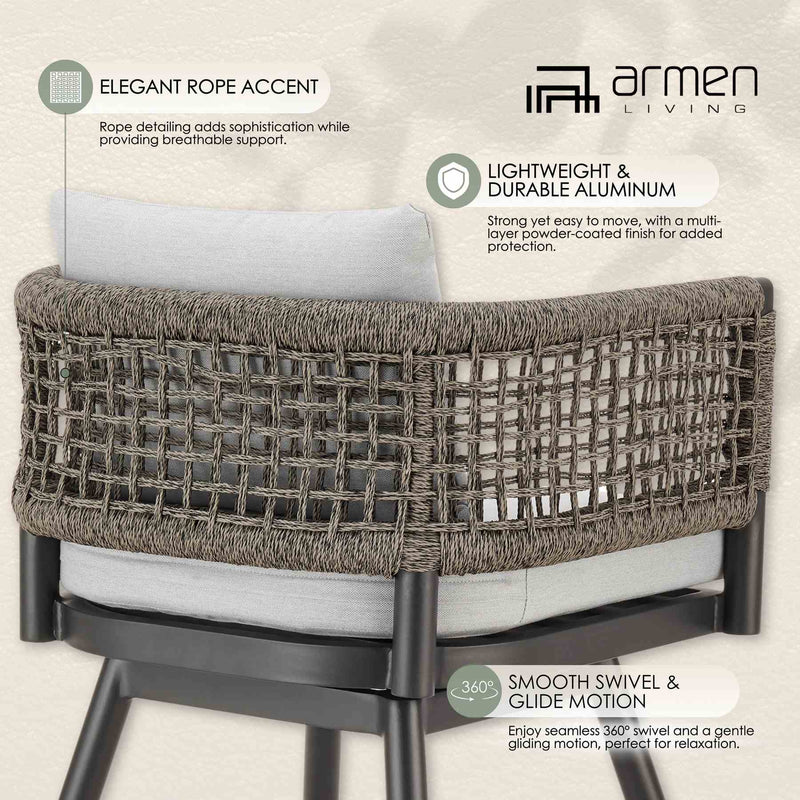 Alegria Outdoor Patio Swivel Bar Stool in Aluminum with Gray Rope and Light Gray Cushions - Furniture City (CA)l