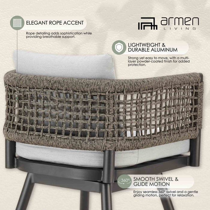 Alegria Outdoor Patio Swivel Bar Stool in Aluminum with Gray Rope and Light Gray Cushions