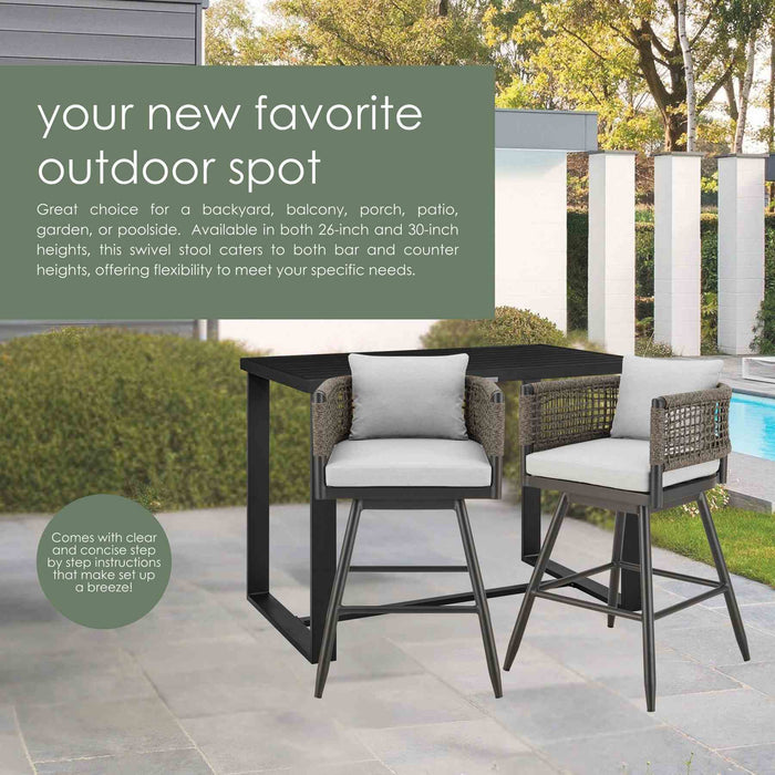 Alegria Outdoor Patio Swivel Bar Stool in Aluminum with Gray Rope and Light Gray Cushions
