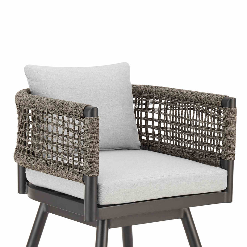 Alegria Outdoor Patio Swivel Bar Stool in Aluminum with Gray Rope and Light Gray Cushions - Furniture City (CA)l
