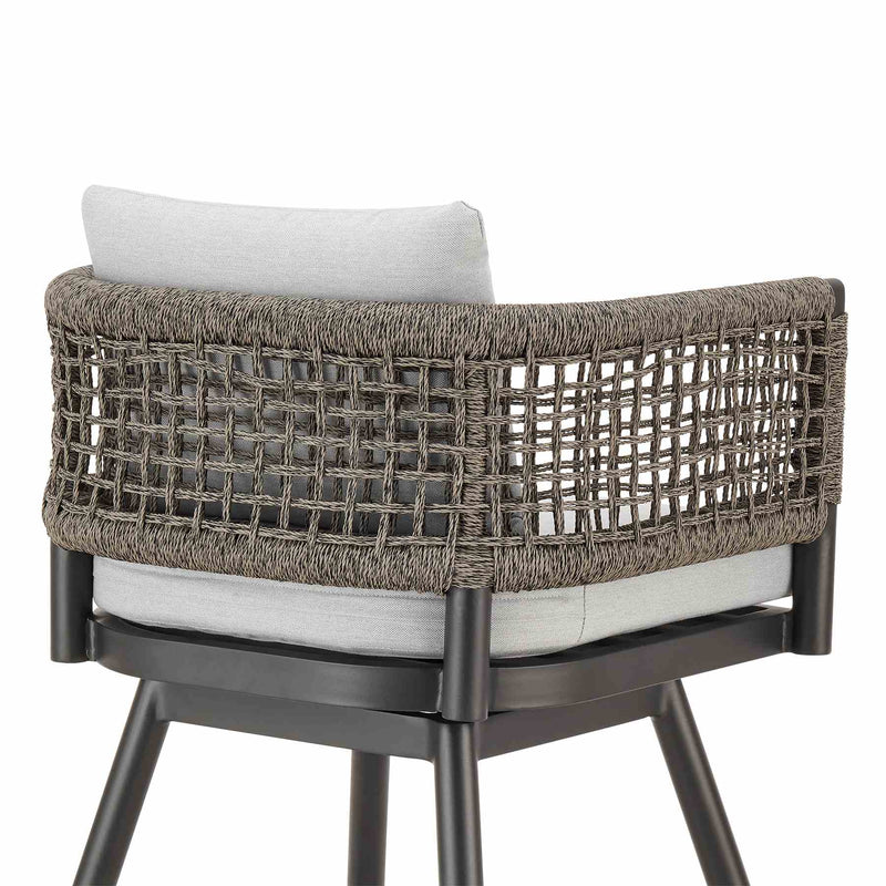 Alegria Outdoor Patio Swivel Bar Stool in Aluminum with Gray Rope and Light Gray Cushions - Furniture City (CA)l