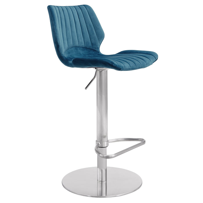 Anika Adjustable Blue Velvet and Brushed Stainless Steel Bar and Counter Stool