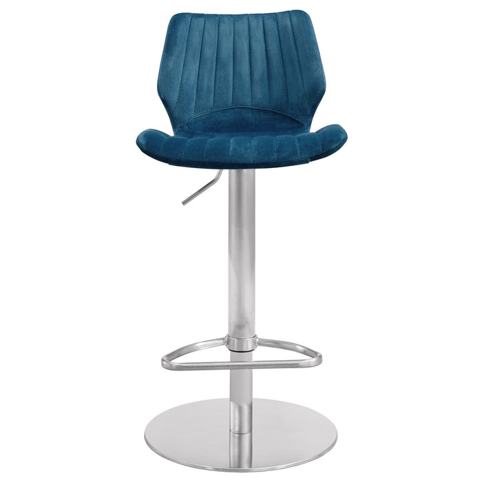 Anika Adjustable Blue Velvet and Brushed Stainless Steel Bar and Counter Stool