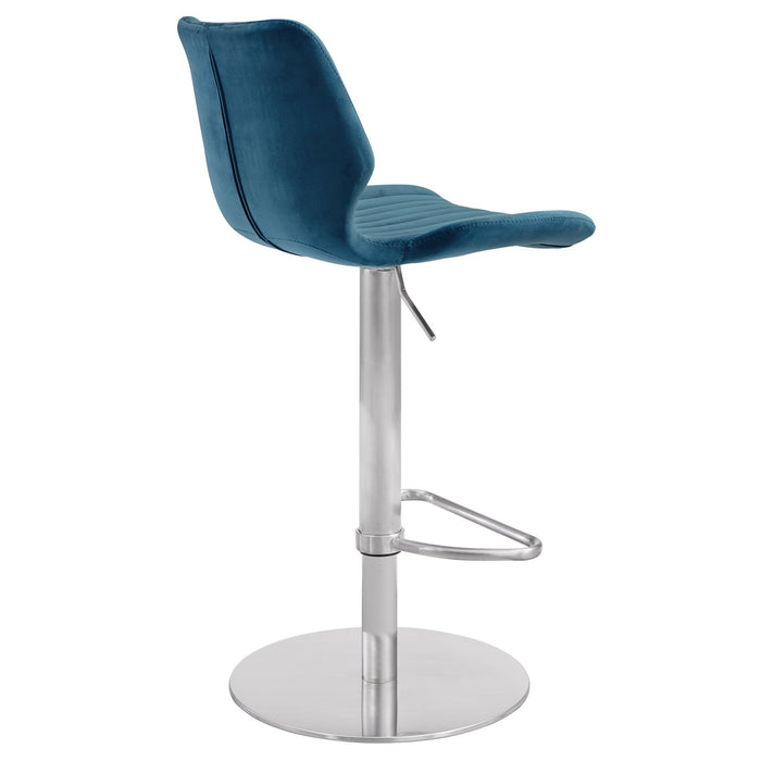Anika Adjustable Blue Velvet and Brushed Stainless Steel Bar and Counter Stool