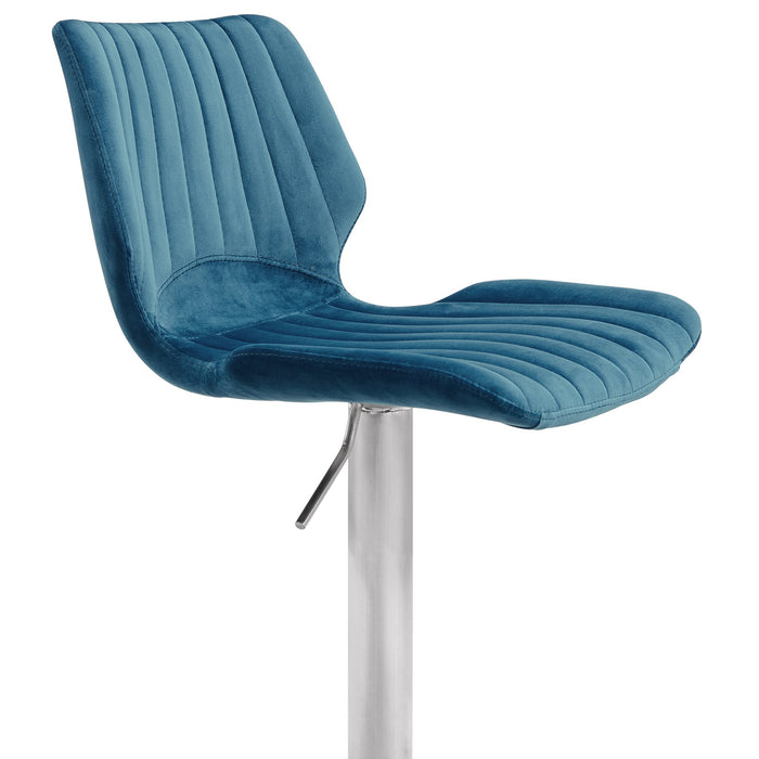 Anika Adjustable Blue Velvet and Brushed Stainless Steel Bar and Counter Stool
