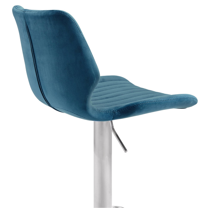 Anika Adjustable Blue Velvet and Brushed Stainless Steel Bar and Counter Stool