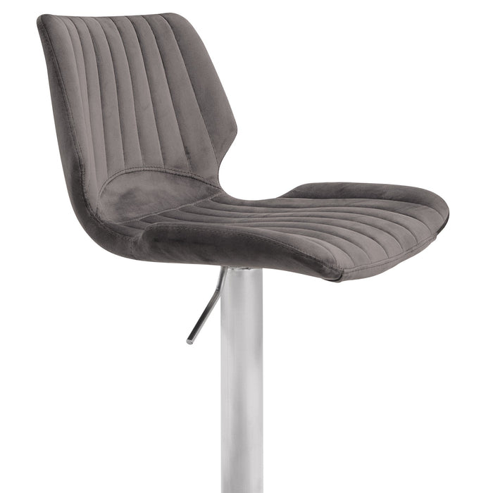 Anika Adjustable Gray Velvet and Brushed Stainless Steel Bar and Counter Stool