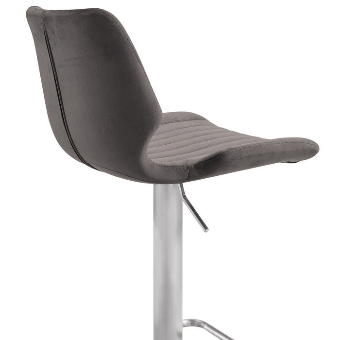 Anika Adjustable Gray Velvet and Brushed Stainless Steel Bar and Counter Stool