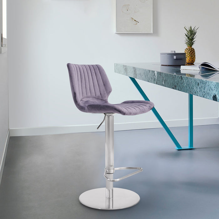 Anika Adjustable Gray Velvet and Brushed Stainless Steel Bar and Counter Stool