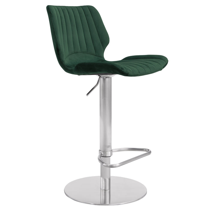 Anika Adjustable Velvet and Brushed Stainless Steel Bar and Counter Stool in Green