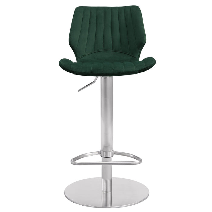 Anika Adjustable Velvet and Brushed Stainless Steel Bar and Counter Stool in Green