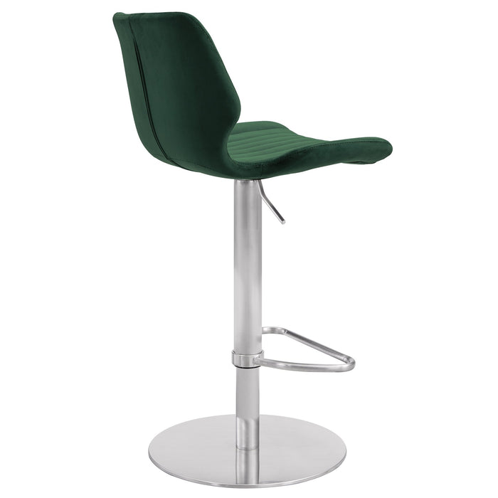 Anika Adjustable Velvet and Brushed Stainless Steel Bar and Counter Stool in Green