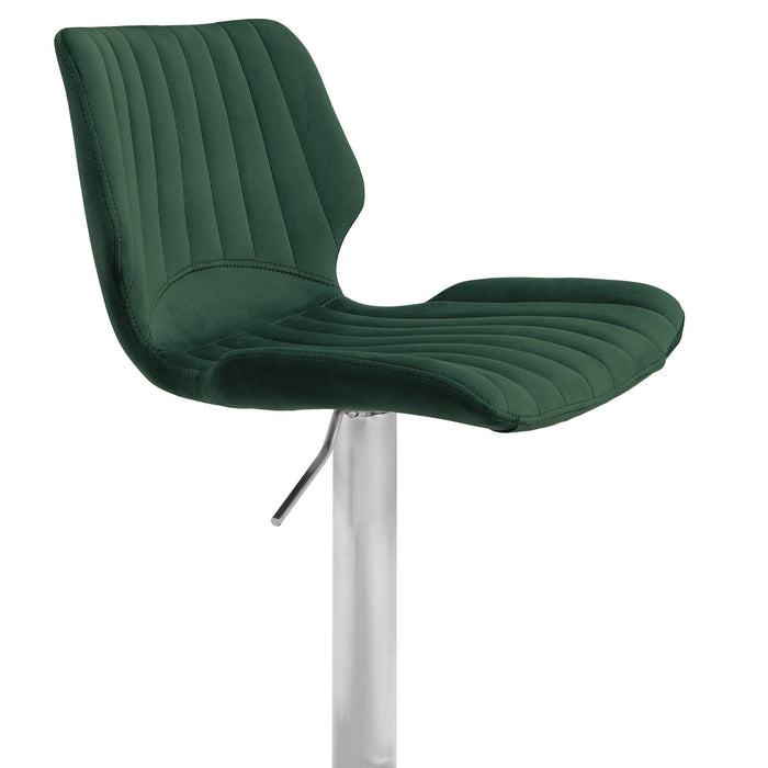 Anika Adjustable Velvet and Brushed Stainless Steel Bar and Counter Stool in Green