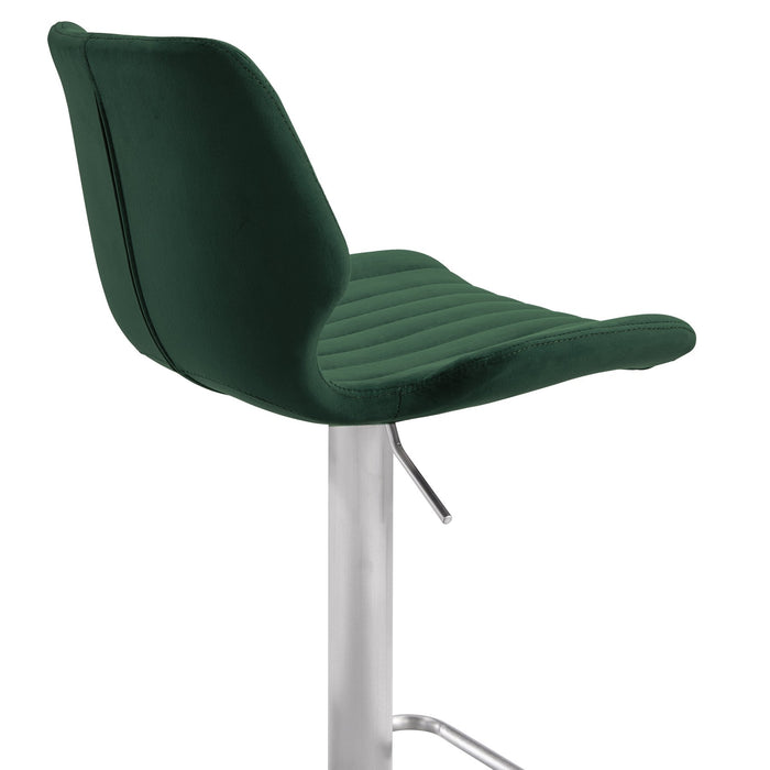 Anika Adjustable Velvet and Brushed Stainless Steel Bar and Counter Stool in Green
