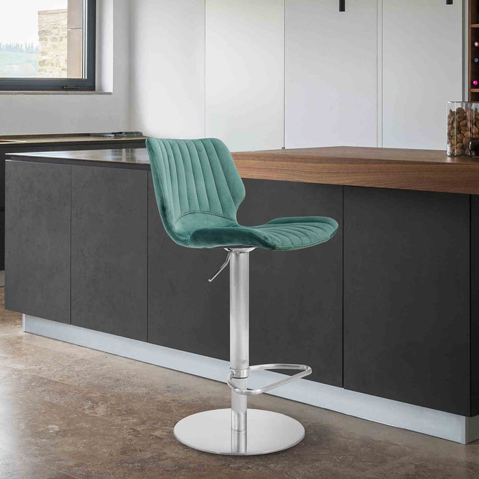 Anika Adjustable Velvet and Brushed Stainless Steel Bar and Counter Stool in Green