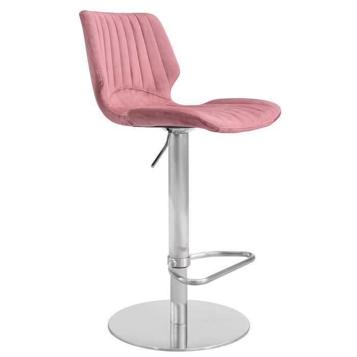 Anika Adjustable Velvet and Brushed Stainless Steel Bar and Counter Stool in Pink