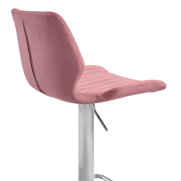 Anika Adjustable Velvet and Brushed Stainless Steel Bar and Counter Stool in Pink