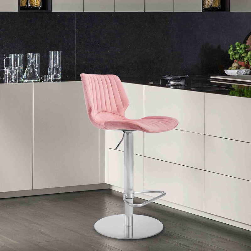 Anika Adjustable Velvet and Brushed Stainless Steel Bar and Counter Stool in Pink - Furniture City (CA)l
