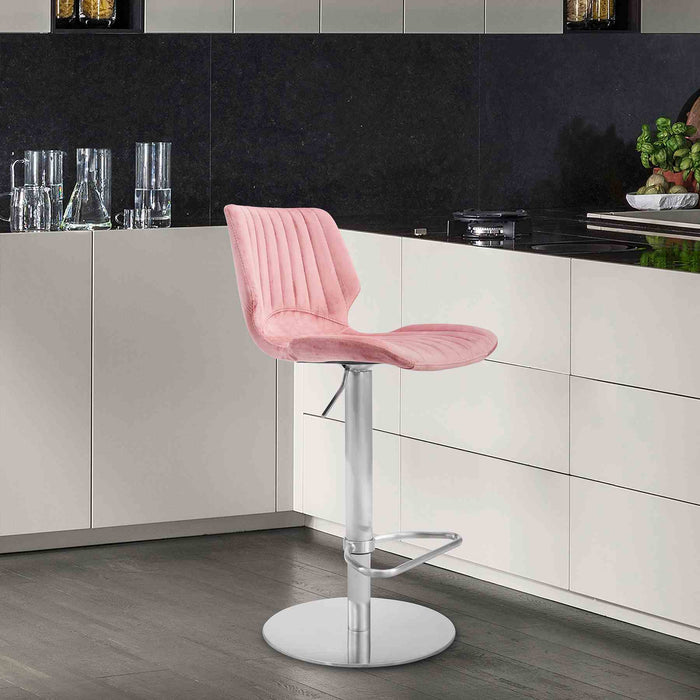 Anika Adjustable Velvet and Brushed Stainless Steel Bar and Counter Stool in Pink