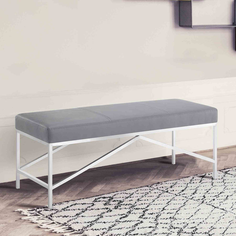 Alyssa Contemporary Bench in Brushed Stainless Steel and Gray Faux Leather - Furniture City (CA)l