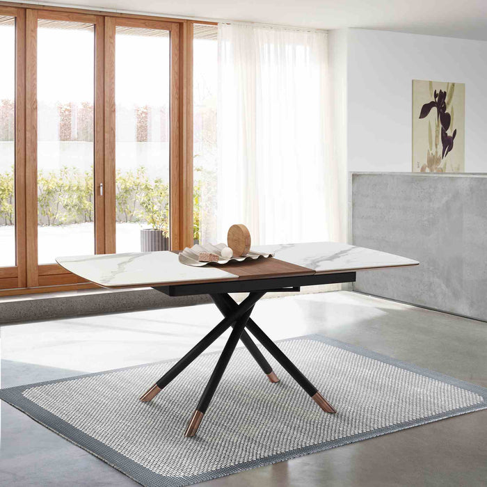 Alora Extendable Dining Table with Light Gray Ceramic and Wood Top and Metal Legs