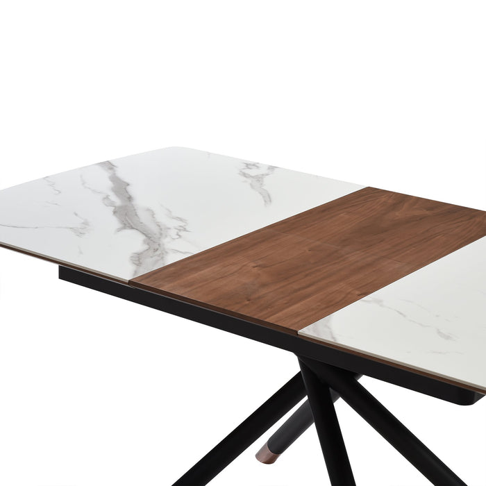 Alora Extendable Dining Table with Light Gray Ceramic and Wood Top and Metal Legs