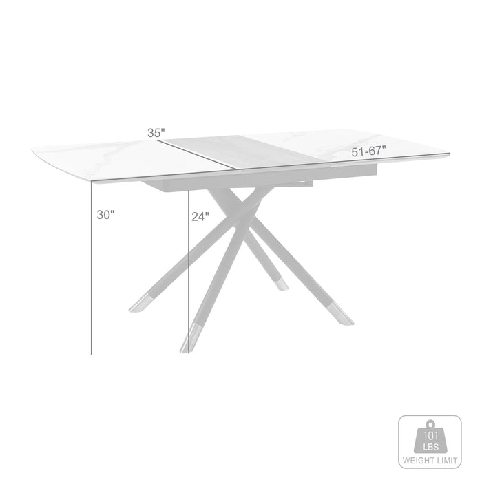 Alora Extendable Dining Table with Light Gray Ceramic and Wood Top and Metal Legs