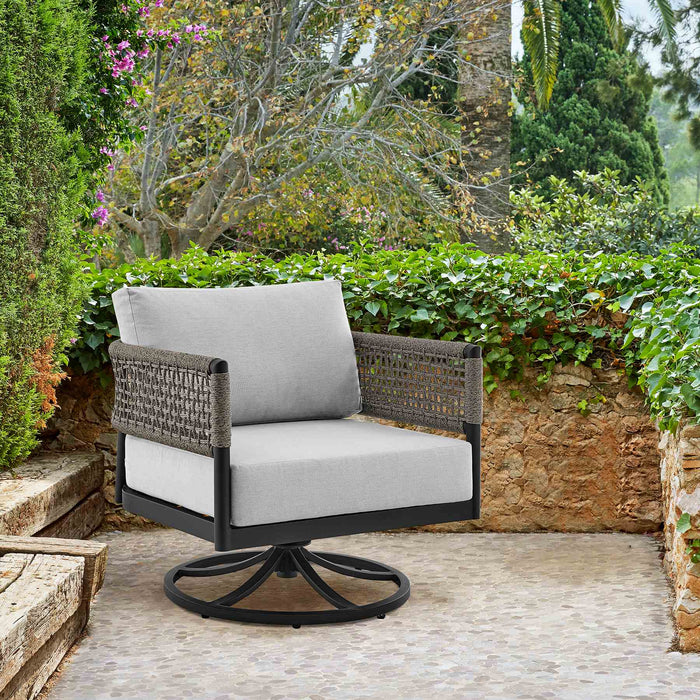 Alegria Outdoor Patio Swivel Rocking Chair in Black Aluminum and Gray Rope with Cushions
