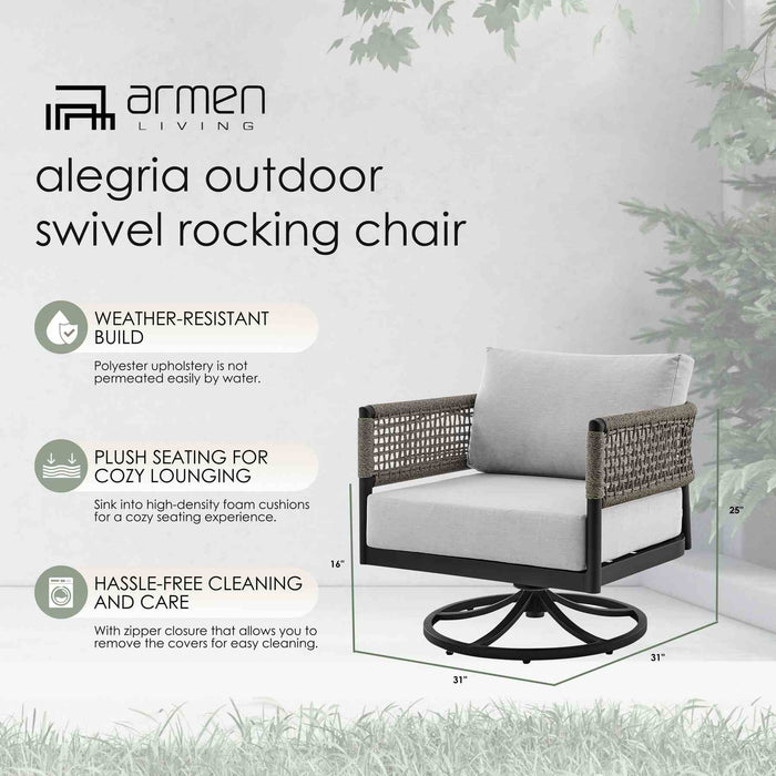 Alegria Outdoor Patio Swivel Rocking Chair in Black Aluminum and Gray Rope with Cushions