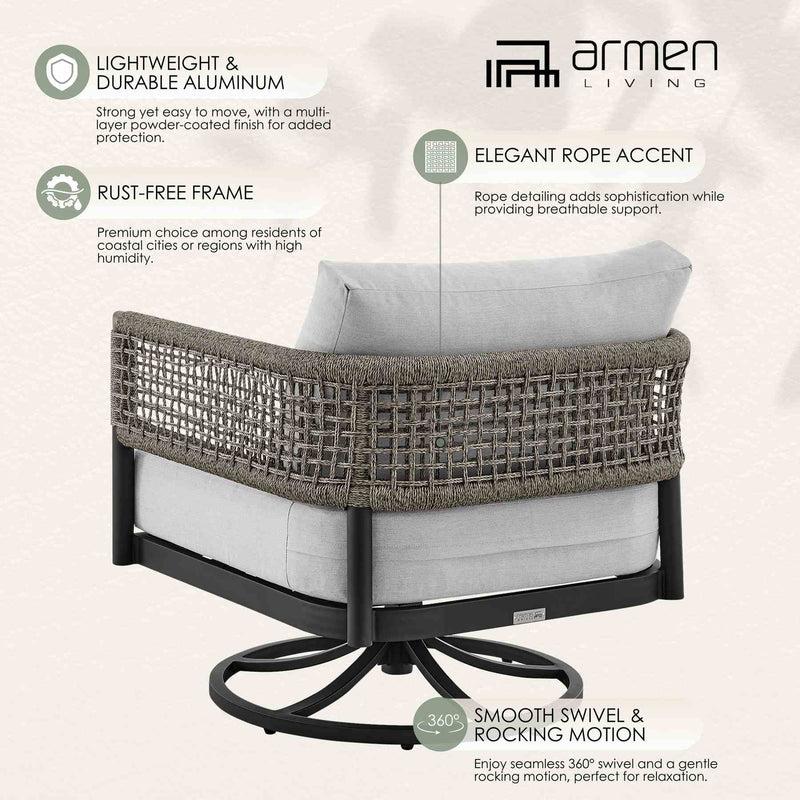 Alegria Outdoor Patio Swivel Rocking Chair in Black Aluminum and Gray Rope with Cushions - Furniture City (CA)l