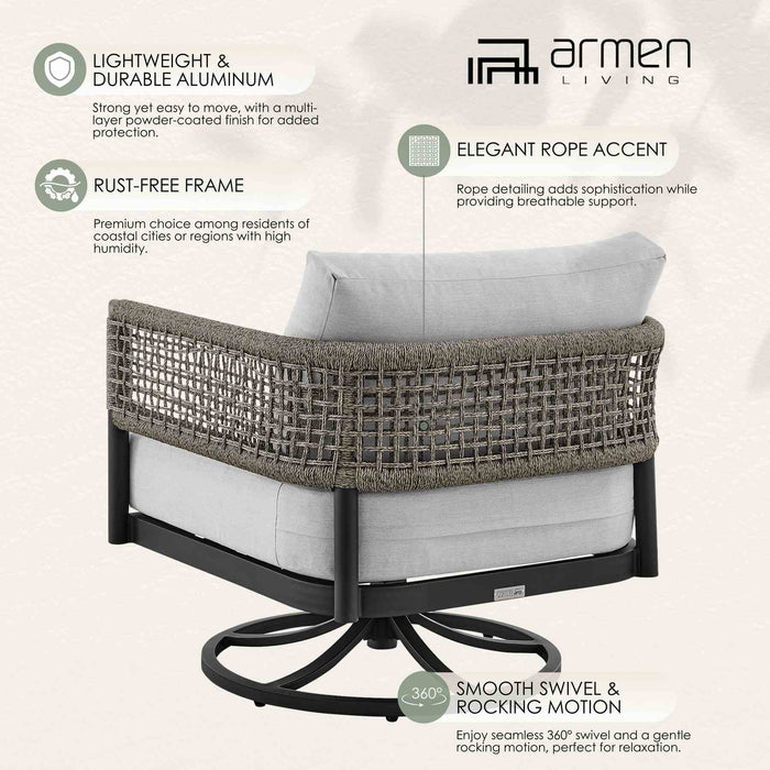Alegria Outdoor Patio Swivel Rocking Chair in Black Aluminum and Gray Rope with Cushions