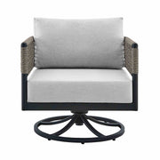 Alegria Outdoor Patio Swivel Rocking Chair in Black Aluminum and Gray Rope with Cushions - Furniture City (CA)l